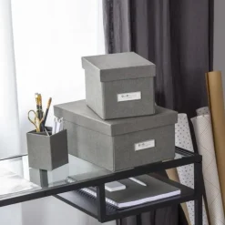 Förvaringslåda med etiketthållare, Kitty canvas, Bigso, Grå