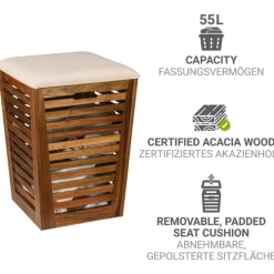Pall med tvättkorg i akaciaträ 55L