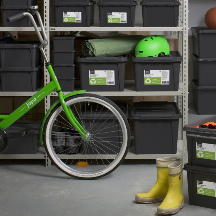 Stor förvaringslåda med lock i återvunnen plast 66L, SmartStore, Svart