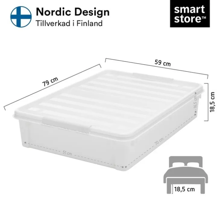 Stor förvaringslåda under sängen med hjul 60L, SmartStore, Klar/svart
